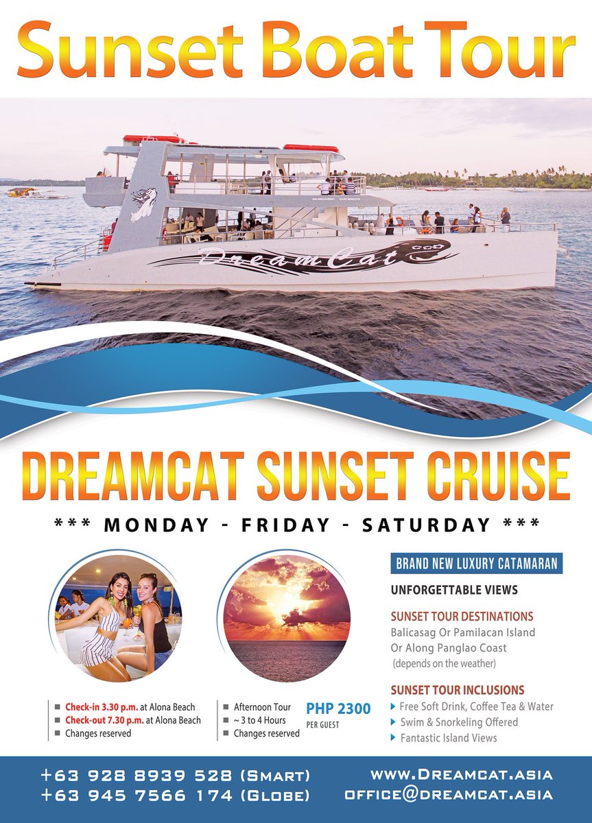 DreamcatBohol's tweet photo. Bohol Sunset Boat Tour with DreamCat. https://t.co/JlGUTe0Gv6