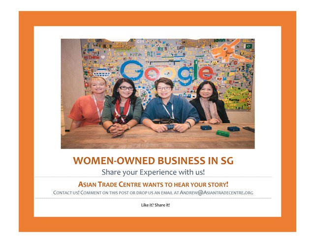 The ATC is currently conducting research on Women-Owned Businesses in Singapore!
We would like to hear from you!
Please contact us at andrew@asiantradecentre.org
#women #HERlead #shemeansbusiness #entrepreneur #SMEs #startups #experience #womenintrades #advocacy #research