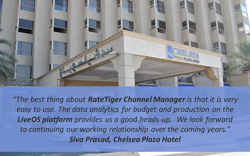 erevmax's tweet photo. Another feather in our cap! #ChelseaPlazaHotel Dubai recommends #RateTiger powered by #LiveOS as one of the #besthotelchannelmanager. If you are looking to expand your hotel’s #onlineconnectivity, contact us today - https://t.co/v2HaD2VuoS
#hoteltech #hospitalitytech https://t.co/ZMYC7pWmhD