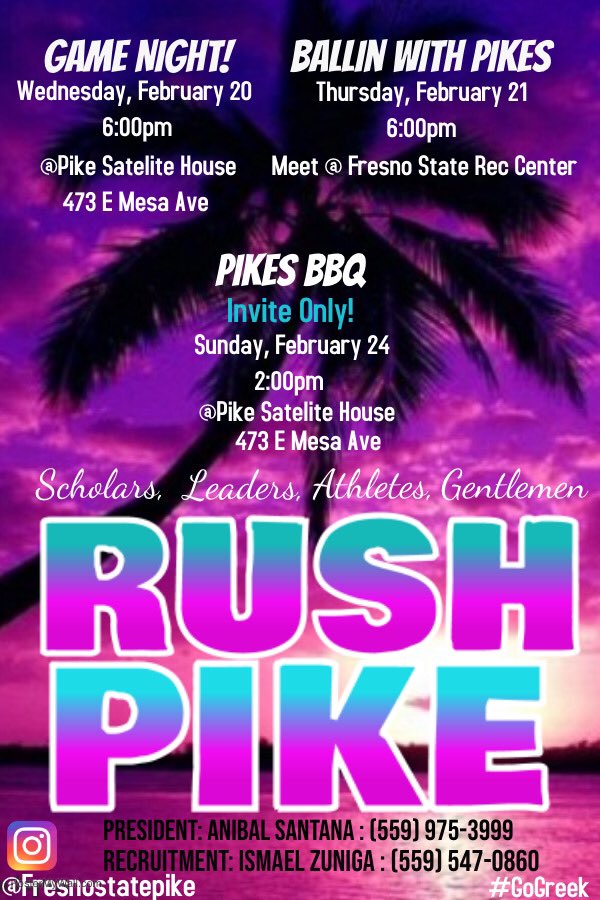 FresnoStatePike's tweet photo. RUSH WEEK IS ALMOST UPON US! Don’t miss out on the opportunity of Rushing THEE BEST! This is a great way to enhance your college experience and become a better man with the connection and brotherhood Pi Kappa Alpha has to offer! #RUSHPIKE #GoGreek #GoDogs https://t.co/C27taWdUn6