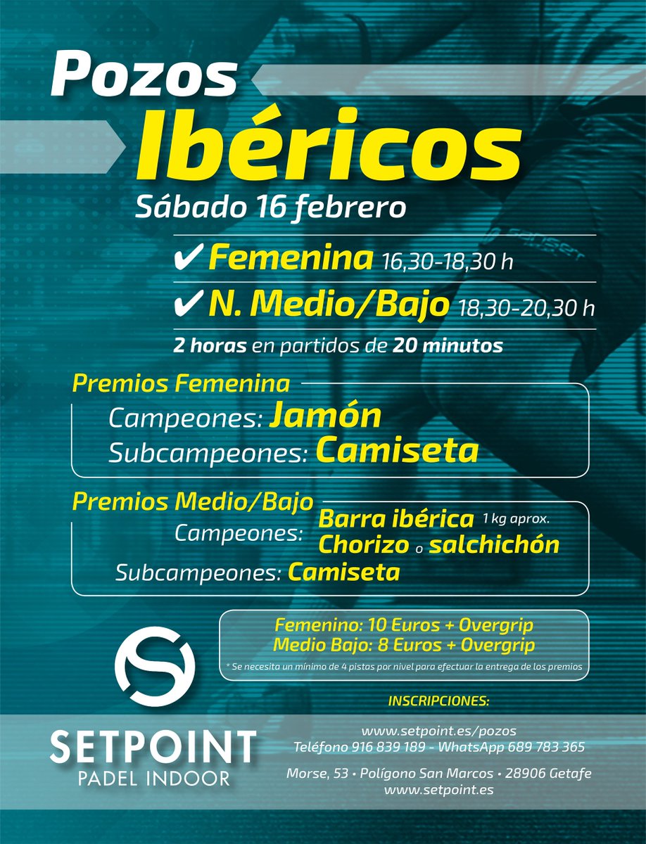 SetPointG's tweet image. Este sábado 16 de febrero no te puedes perder nuestro Pozo Ibérico, con dos tipos de participación: Femenino y Medio-Bajo, a partir de las 16,30 y con grandes premios para los campeones ¿Te esperamos? Inscripciones: 916 839 189 - 689 783 365 setpoint.es/pozos/ #setpoint