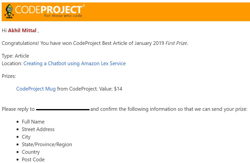 AkhilMittal20's tweet image. Glad to share that my article (codeproject.com/Articles/12754…) received first prize in the #codeproject "Best Article of January 2019" contest. Thanks to my readers, @codeproject and all those who voted for my article.
#contest #winner #chatbot #lex #ai