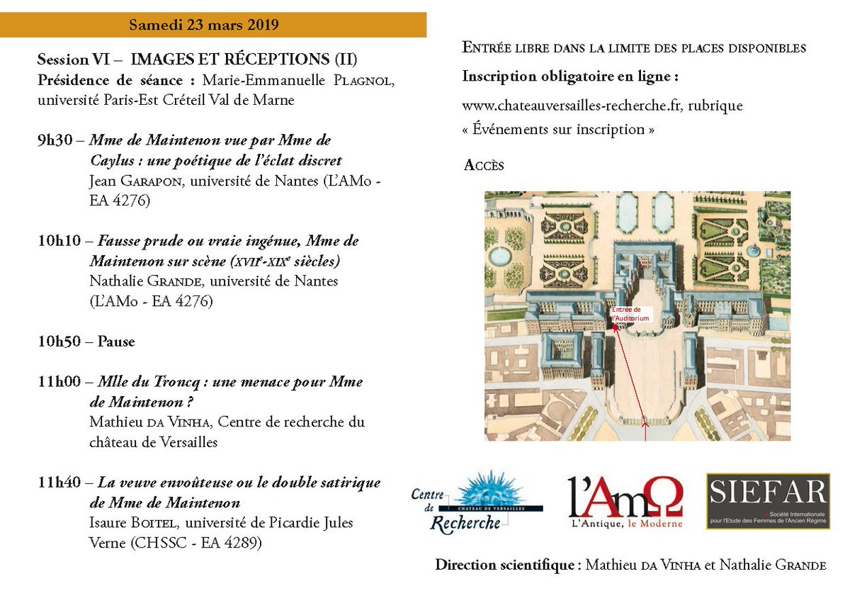 #Agenda Colloque international : « Mme de Maintenon (1719-2019) », organisé par le <a href="/CRCVersailles/">CRCV</a>, #LAMo @UnivNantes et la #SIEFAR, les 21, 22 &amp; 23 mars 2019 à l'auditorium du <a href="/CVersailles/">Château de Versailles</a>. Plus d'informations et inscriptions ➡️ chateauversailles-recherche.fr/francais/collo…