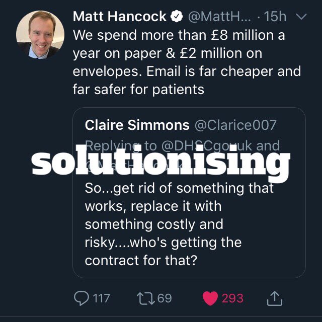 IamKathrynGrace's tweet photo. @MattHancock First need to understand the users needs... patient, carer, admin team, doctor, consultant etc. #stopsolutionising #beyondnumbers #beyondsimple https://t.co/XUMpnRhDnv