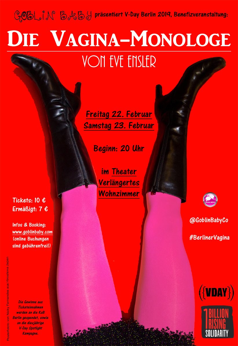 Nächste Woche bringen wir Eve Ensler's DIE VAGINA MONOLOGE nach Berlin! Freitag 22. ist fast ausverkauft &amp; Samstag 23. ist auch sehr voll. Tickets &amp; Infos hier: goblinbaby.com/die-vagina-mon… #VaginaMonologe #BerlinerVagina #EveEnsler #VaginaMonologues #OnBillionRising #vday #VDay2019