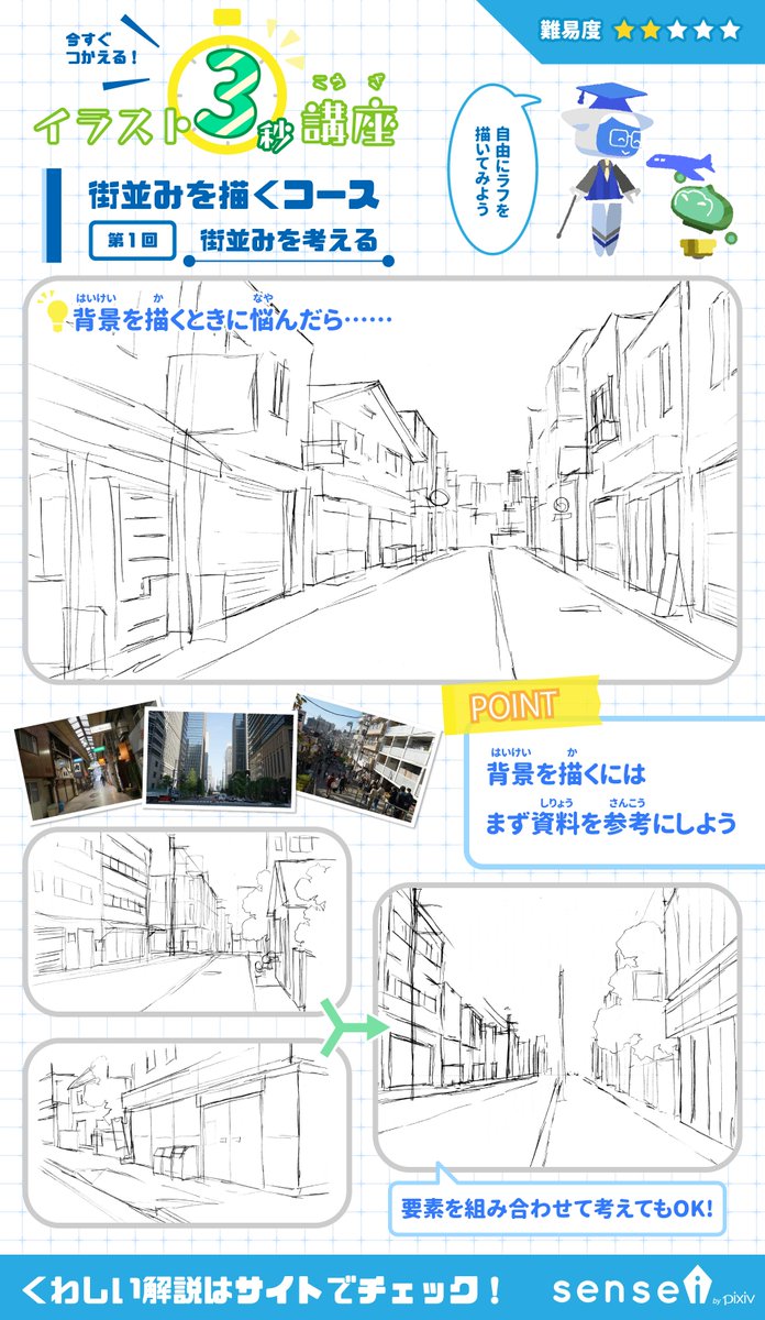 Pixiv描き方 Sensei Twitterren とりかかりにくい背景 まずは資料や写真を見て 簡単なラフを描いてみましょう イラスト3秒講座 詳しくはこちら T Co Ip2rrb7vxa