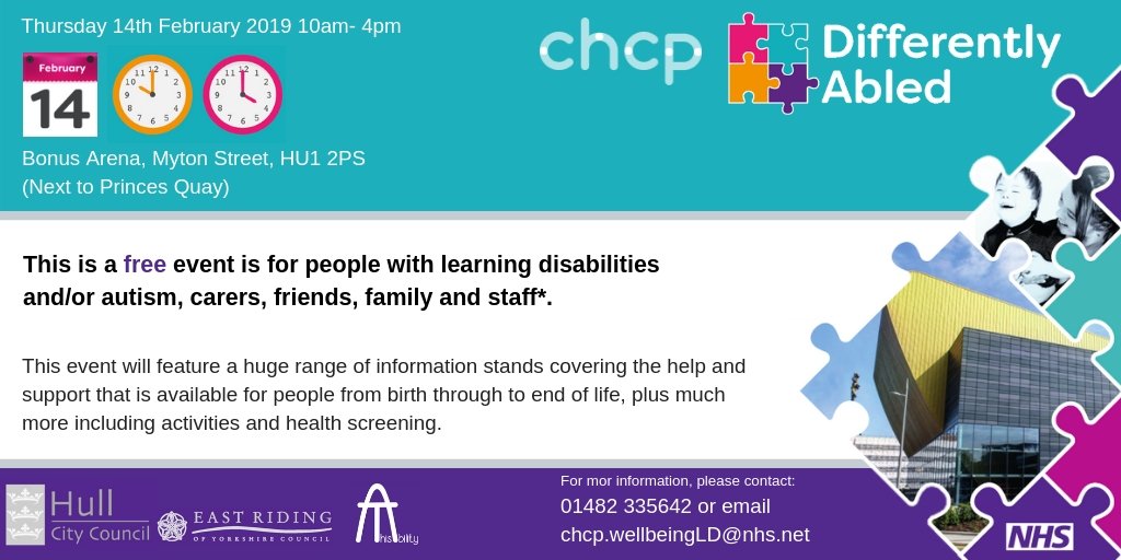 CHCPHull's tweet photo. Looking forward to #DifferentlyAbled2019 event being held at the Bonus Arena, make sure that you #SaveTheDate and #SpreadTheWord
February 14th 2019 from 10am-4pm #MarketPlaceEvent we hope to see you there. https://t.co/ENmqd4SLV7
