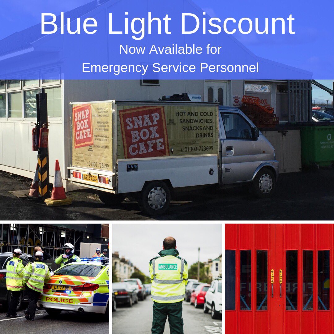 SnapBoxCafe's tweet image. 🚨Blue Light Discount is now available🚨

Available to all emergency service personnel at Snap Box Cafe🚓🚑🚒

📲Order over the phone at: 01302 723699
📍Or come down and visit us at:
Victoria Road
Adwick le Street 
Doncaster 
DN6 7AZ