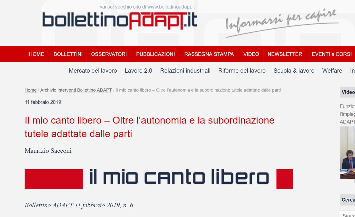 Già letto l'articolo di <a href="/MaurizioSacconi/">Maurizio Sacconi</a> su <a href="/bollettinoADAPT/">bollettinoADAPT</a>?
Richiamando la riflessione condivisa con #MarcoBiagi, s'interroga sulla distinzione oggi fra #autonomia e #subordinazione, commentando la sentenza della Corte d'Appello di Torino sui #riders
#daleggere