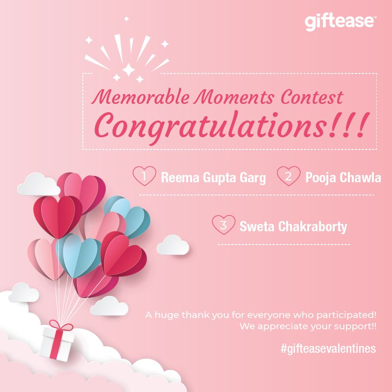 Heartiest Congratulations to our #memorablemoments contest !!!
Thank everyone who participated and shared your memorable moments with us!!
Add an extra shimmer to this day with these amazing valentine's day gifts by #Giftease bit.ly/2FNwgCY
#gifteasevalentines