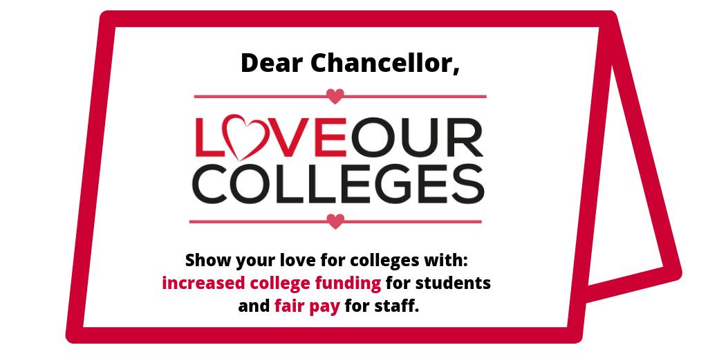 Funding for FE colleges has fallen by 30% in the last decade. This #ValentinesDay2019 we're calling on Chancellor @philiphammonduk to show some love for FE by committing to invest more in colleges and their staff! #LoveOurColleges ucu.org.uk/article/9669/L… 💖