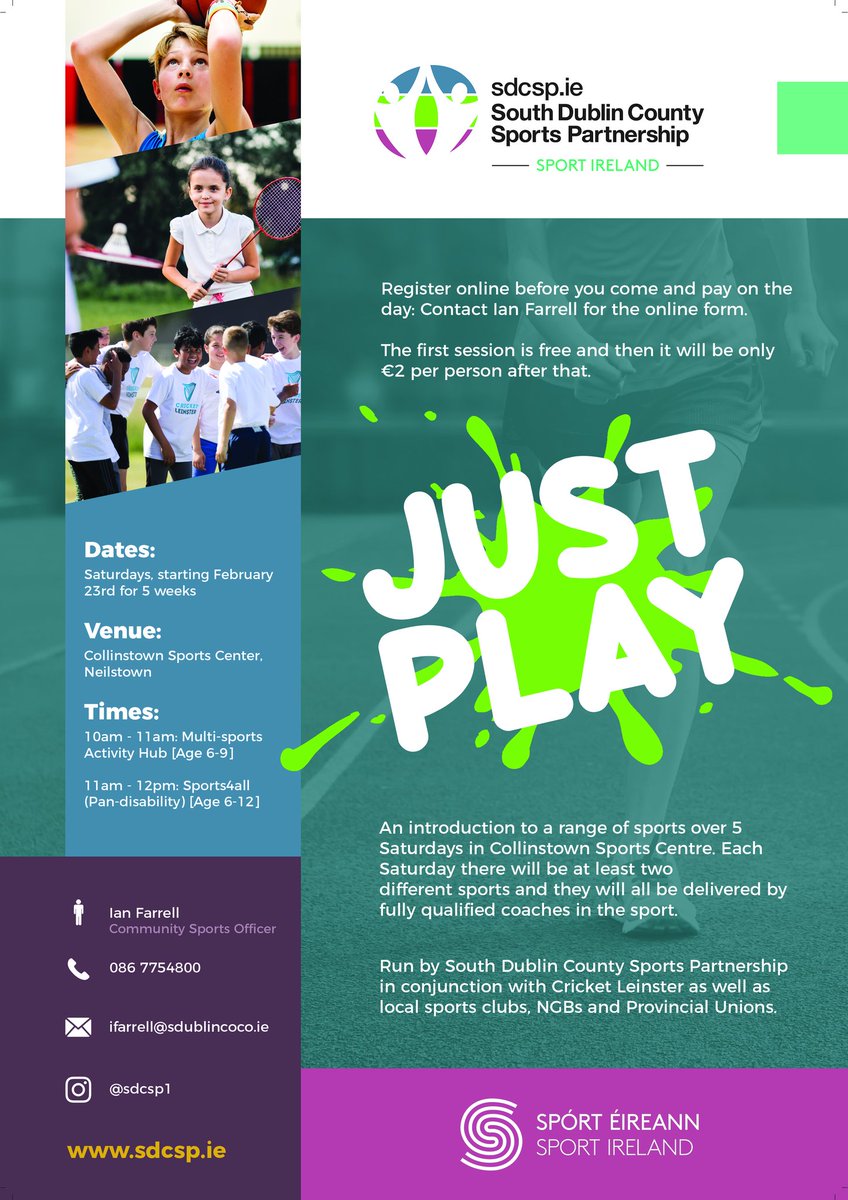 SthDubSports's tweet photo. Living near #Collinstown? #JustPlay, a multi-sports activity morning for kids, starts on Saturday mornings: Feb 23rd for 5 weeks.

🔜10am - 11am: Multi-sports Activity Hub [Age 6-9]

🔜11am - 12pm: Sports4all (Pan-disability) [Age 6-12]

⚠️ Register here: https://t.co/JAQ2yILOSX https://t.co/5CmUWamT6j