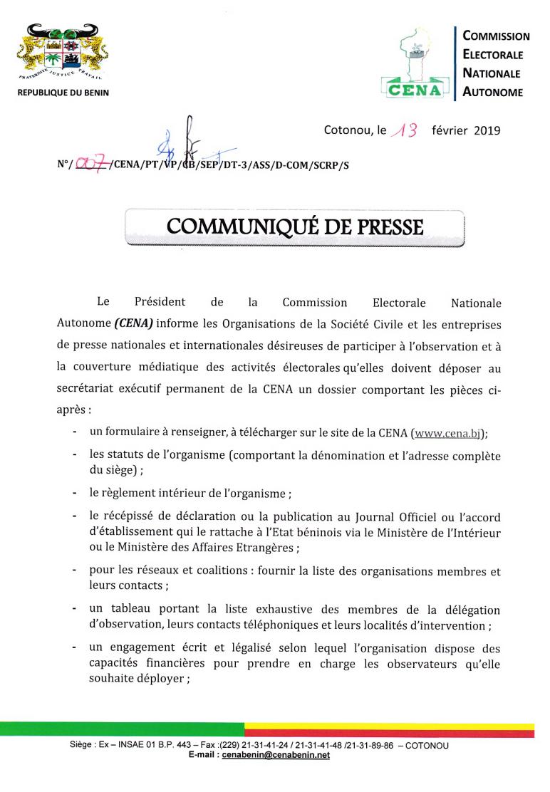 DANS LE CADRE DES ELECTIONS LÉGISLATIVES DU 28 AVRIL 2019, LA <a href="/Cenabenin_info/">CENA BÉNIN</a> LANCE LE DÉPÔT DES DOSSIERS DE DEMANDE D'ACCRÉDITATION #Benin #Presse <a href="/AFRICA24TV/">#AFRICA24</a> @Wasexo <a href="/Abpbj/">Agence Bénin-Presse</a> <a href="/a24media/">A24MAX</a> <a href="/africanewsfr/">Africanews Français</a> #Législatives #le229 <a href="/PresidenceBenin/">Présidence du Bénin</a> <a href="/RPresse/">Revue de Presse</a> <a href="/golfetv/">Golfe Medias</a>,<a href="/_bbcafrique/">@bbcafrique</a>