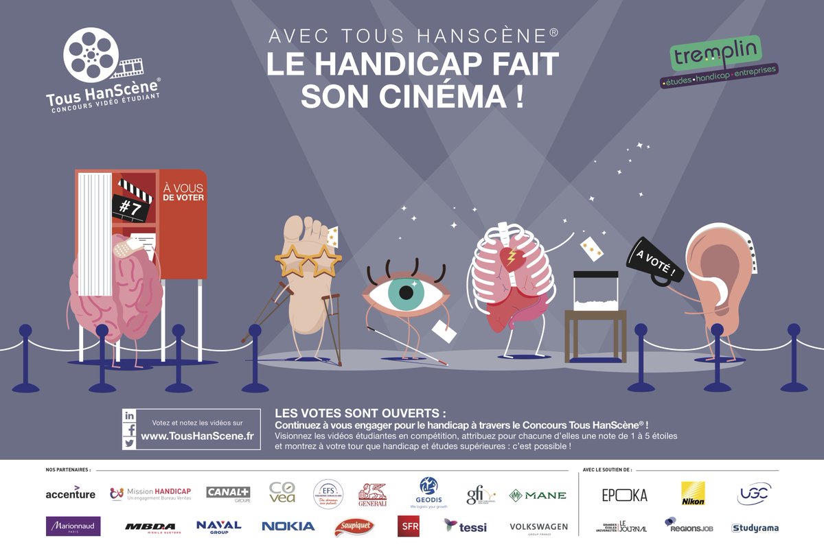 C'est parti pour la phase de votes 📦de notre Concours Vidéo #Handicap Etudiant #TousHanScene !
Visionnez les vidéos 📽️ des étudiants et attribuez leur une 🌟 ou plusieurs étoiles 🌟🌟🌟🌟🌟
▶️toushanscene.fr/votes_2019/vot…