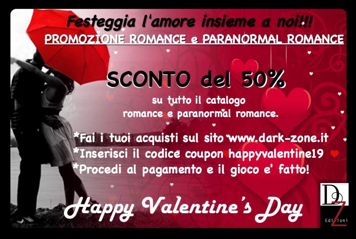 Buon #SanValentino dalla #DZedizioni! ♥️
Festeggia con noi l’#amore! L’intero catalogo romance e paranormal romance è scontato del 50%! 🙌🏻
Utilizza il codice coupon happyvalentine19 😍