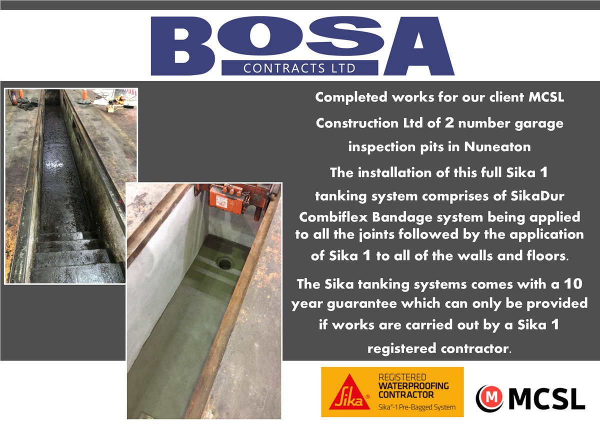 #SIKA1 #tankingsystem installed here to these 2 Garage Inspection pits for our client MCSL Ltd in Nuneaton. Here we used the Sika 1 system combined with the #SikaDur Combiflex Bandage system to ensure a watertight finish, comes complete with a 10 year guarantee. #watertight #sika