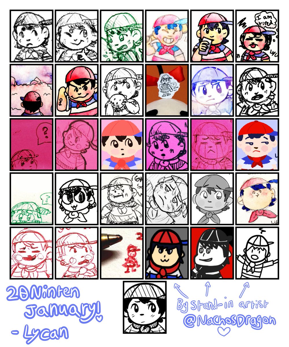 20ninten's tweet photo. 31 days, 31 Nintens! 
Thank you to everyone for sticking with us for January - we'll be going all year for the 30th Anniversary of Earthbound Beginnings! #30YrsOfMother

Thank you @NachosDragon for filling in on days 28-30.
#20ninten #mother1 #earthbound https://t.co/SbvkoPMVgz