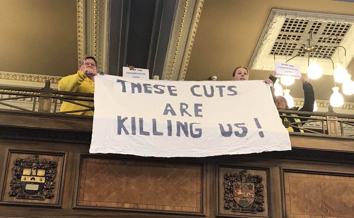 _erica_lewis's tweet photo. Conservative Cllrs from #LancashireCC have fled the chamber rather than listen to concerns from the public. Another £77 million in cuts are proposed. But apparently nothing to do with the Conservative Govt cutting on av 60p in the £1 from local govt funding. #austerityisnotover https://t.co/fk6U88uiXx
