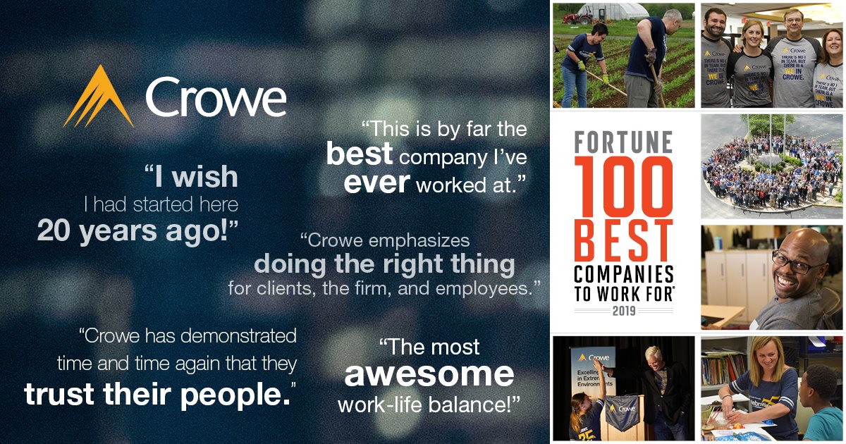We are excited to announce that Crowe has made <a href="/FortuneMagazine/">FORTUNE</a>'s 100 Best Companies to Work For list again! Congratulations and thank you to our colleagues for creating great experiences at work every day! ow.ly/imUK30nHn1b #100BestCos #GoCrowe