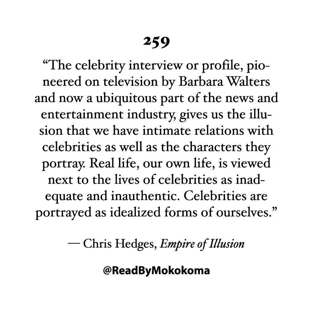 ReadByMkkm's tweet photo. Hightlight No. 259 🧠 • By @ChrisLynnHedges • From #EmpireOfIllusion • #BookClub #AmReading #BookReview #NewRead #Celebrity #Celebrities #Fame #Famous #interview #News #Idol #Idols #Idolization #Entertainment #Illusion #TV #Television #Authenticity #Groupies #Popularity https://t.co/HPhbYZ5FMb
