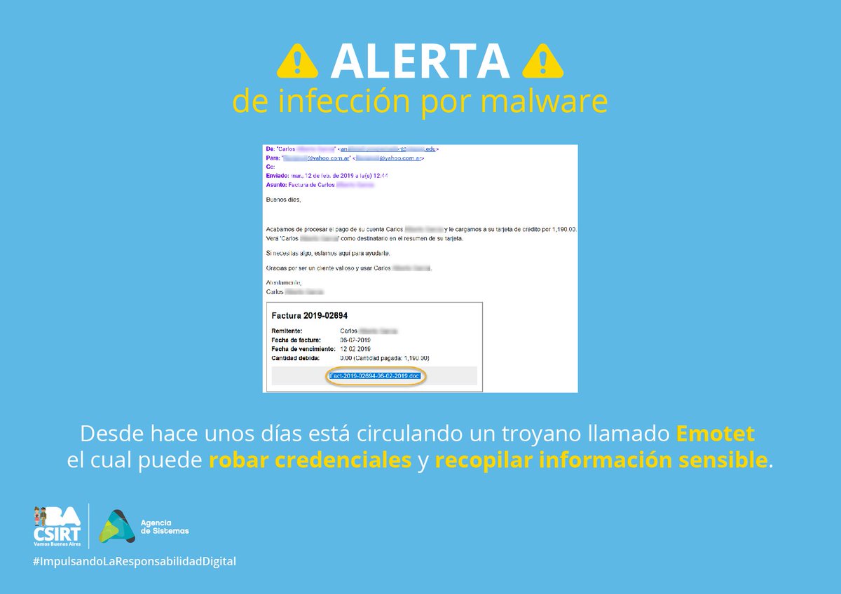 ATENCIÓN ⚠️ #AlertaCiudadana Desde hace unos días está circulando por correo electrónico un troyano llamado #Emotet capaz de robar credenciales y recopilar datos sensibles 🔗 Más info: ow.ly/tL3730nHsxH