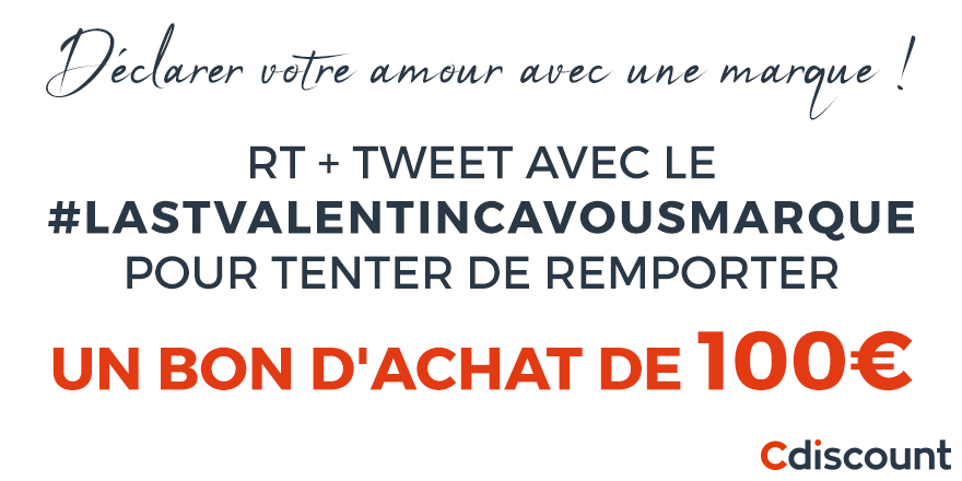 Cdiscount's tweet photo. 🎁 #Concours #SaintValentin

👉 À gagner : 3 bons d'achat de 100€ !

🔸 Pour tenter votre chance : 
1) RT ce tweet
2) Faites un message pour la St-Valentin en faisant un jeu de mot avec une marque en utilisant le #LaStValentinCaVousMarque 

⚠ Follow @Cdiscount

TAS 15/02 https://t.co/11bNr7MMsb