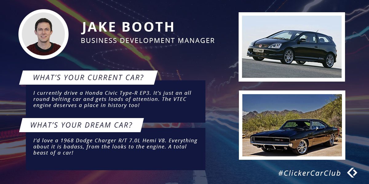 ClickDealerLTD's tweet photo. Feature | #ClickerCarClub
This week, we've got one half of our Spitfire One Bangers 4 Ben team and huge petrol-head, Jake Booth!
What do you think of his choices? ππ¨
#TwitterCarClub #Automotive https://t.co/a4KkvPL923
