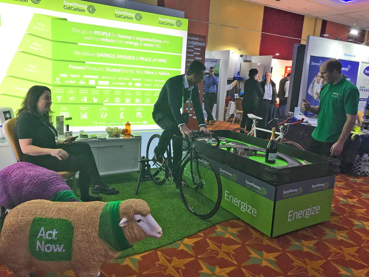 SaveCutCarbon's tweet photo. If you're at the Hilton Engineering Conference 2019 come and see us about all your energy and water saving needs – and have some fun! Try our pedal powered Scalextric, say hello to our sheep and find out how your hotel can make energy and water savings. @eng_ops #sustainability https://t.co/3VUfuWg6cp