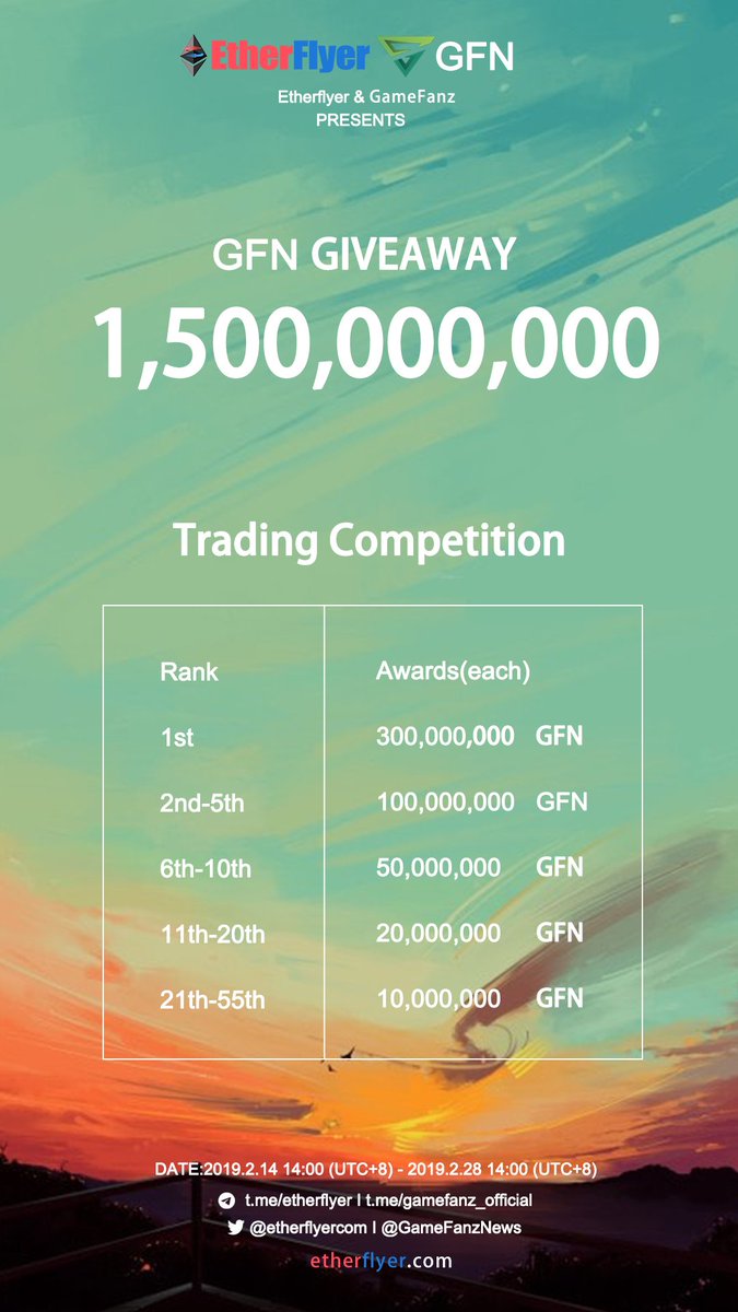 1,500,000,000 GFN Token Giveaway for Trading Competition  From 2019.2.13 16:00(UTC+8) - 2019.2.28 16:00(UTC+8) <a href="/GameFanzNews/">Game Fanz</a>  Trading Rank: etherflyer.com/activity/trade… … … Follow all activities:etherflyer.com/airdrop.html