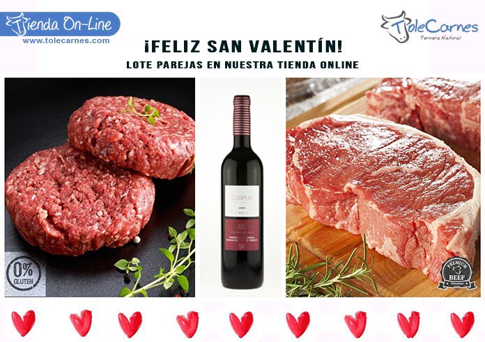 Tolecarnes's tweet photo. ❤️¡Feliz San Valentín!❤️
Disponible en nuestra tienda online este lote compuesto por:
- 2 burguer clasic🍔
- 2 entrecot🥩
- 1 botella de vino Corpus del Muni roble crianza🍷
.
🛒https://t.co/3B0GE4z2FD
.
#sanvalentin
#regalosanvalentin
#tolecarnes https://t.co/UAL7HFwZGq