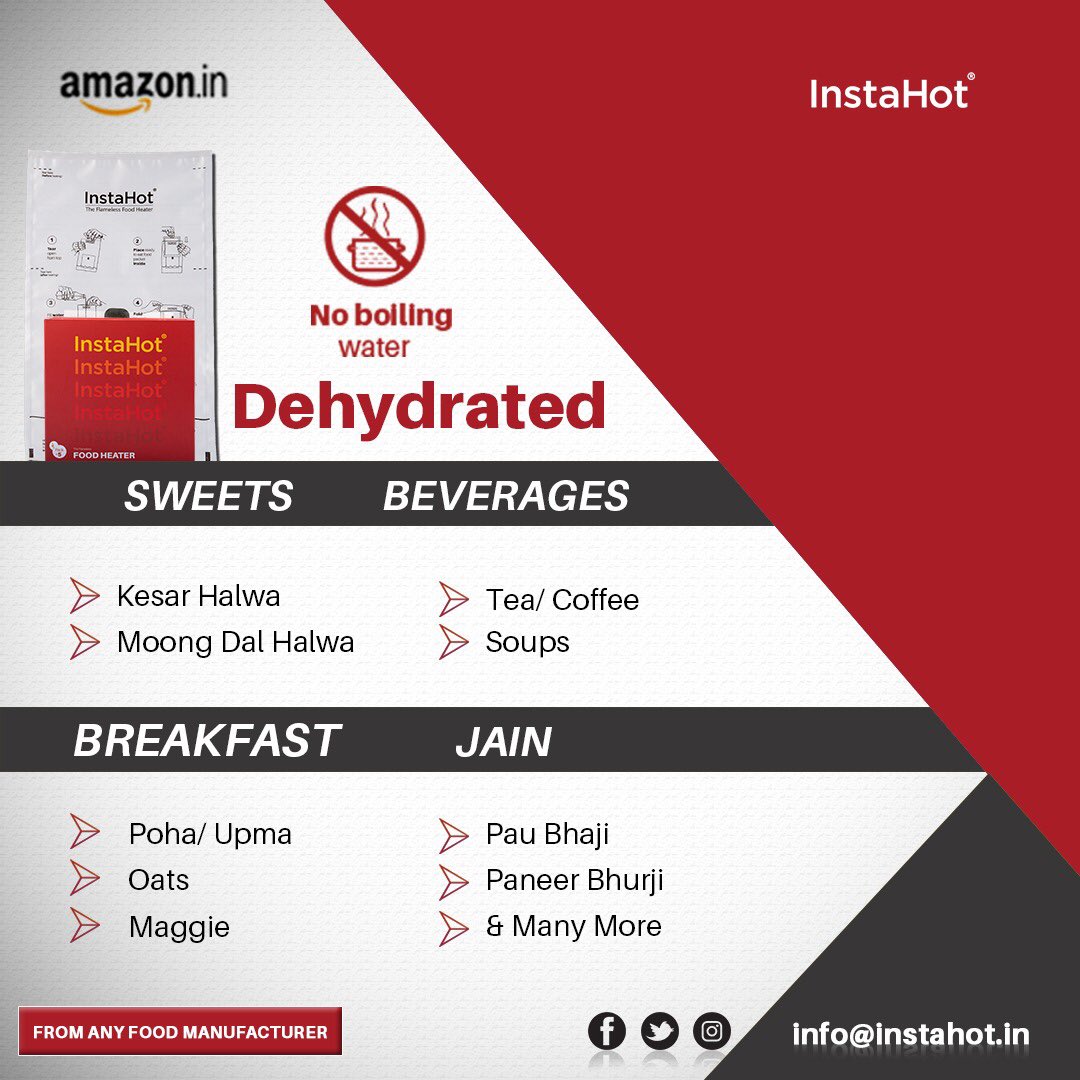 InstaHot_in's tweet photo. You can prepare these food items easily available from a variety of brands in stores &amp; lots more using only 70 ml water in just ten minutes with #InstaHot flameless foodheater. No Flame | No Boiling Water Needed | Stock it before you travel: https://t.co/lIYmOmtkYa #twwt #ttot https://t.co/mWYZVJkkTL