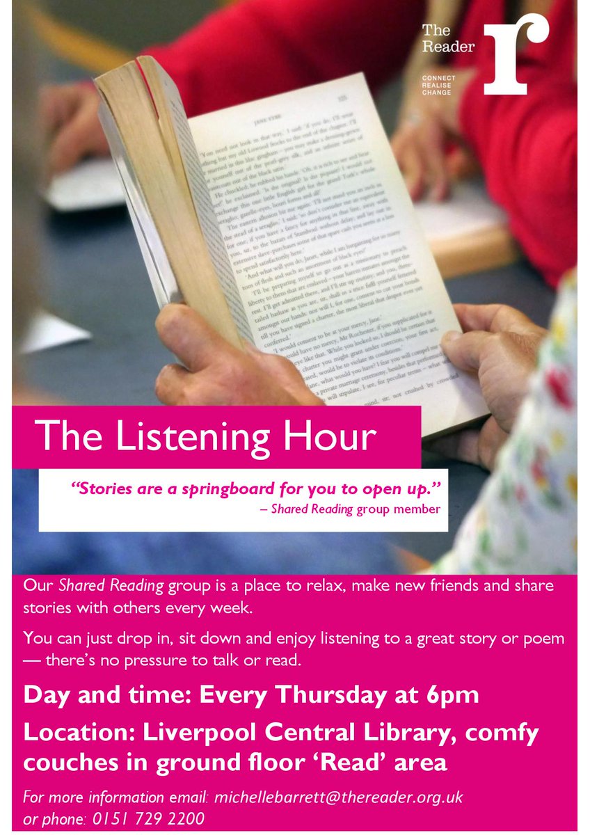 thereaderorg's tweet photo. We always have fab new volunteers starting #SharedReading groups – including two happening in Liverpool today. Take your lunch to @OxfamSmithdown at 1pm, or take a moment after work with the new @CentralLibrary_ group at 6pm. https://t.co/l1m31PjnyC