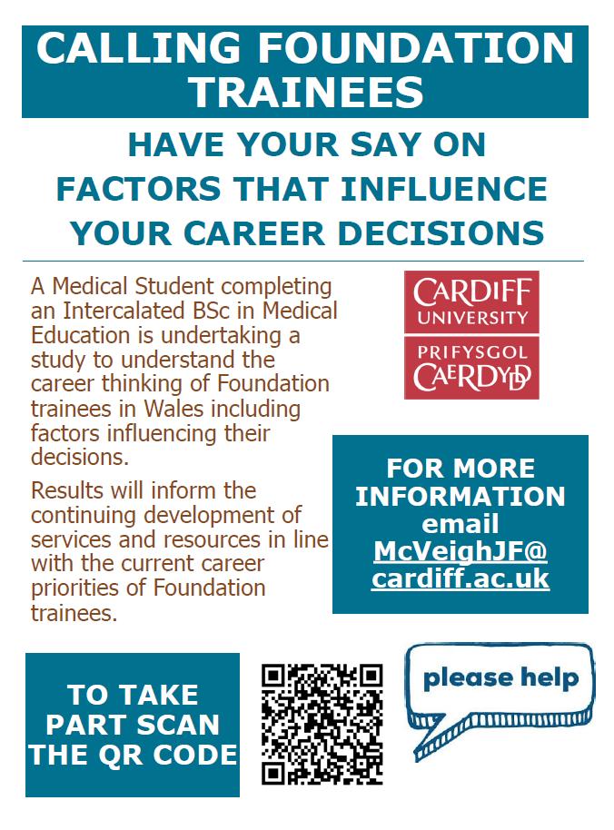Only 2 weeks left to take part in this short survey looking at the career thinking of Foundation trainees in Wales including factors influencing decision making -cardiff.onlinesurveys.ac.uk/career-thinkin…. Survey closes end of Feb and #PleaseRT #PleaseShare #Thanks