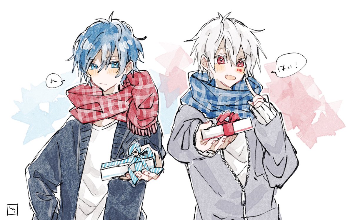 kuzuha (nijisanji) 2boys multiple boys scarf blue eyes red eyes male focus blue hair  illustration images