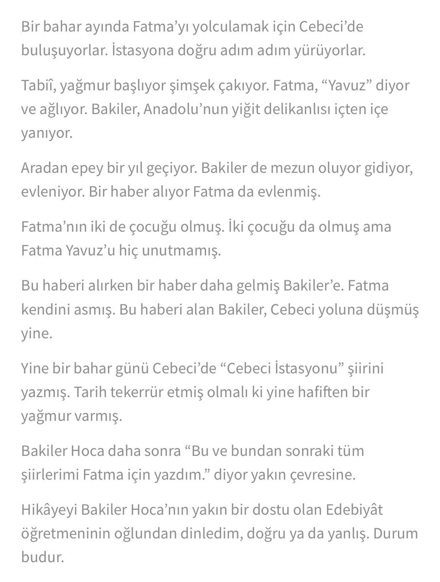 Üstad #YavuzBülentBakiler’in “sözde senden kaçıyorum doludizgin atlarla” dizesi neden her seferinde nasıl olur da bu kadar sarsıcı bir etki yaratır diye düşünürken bu hikayeyle karşılaştım ve bu hikayeden sonra Cebeci İstasyonu’nu okurken boğazım düğümlendi #14şubatsevgililergünü