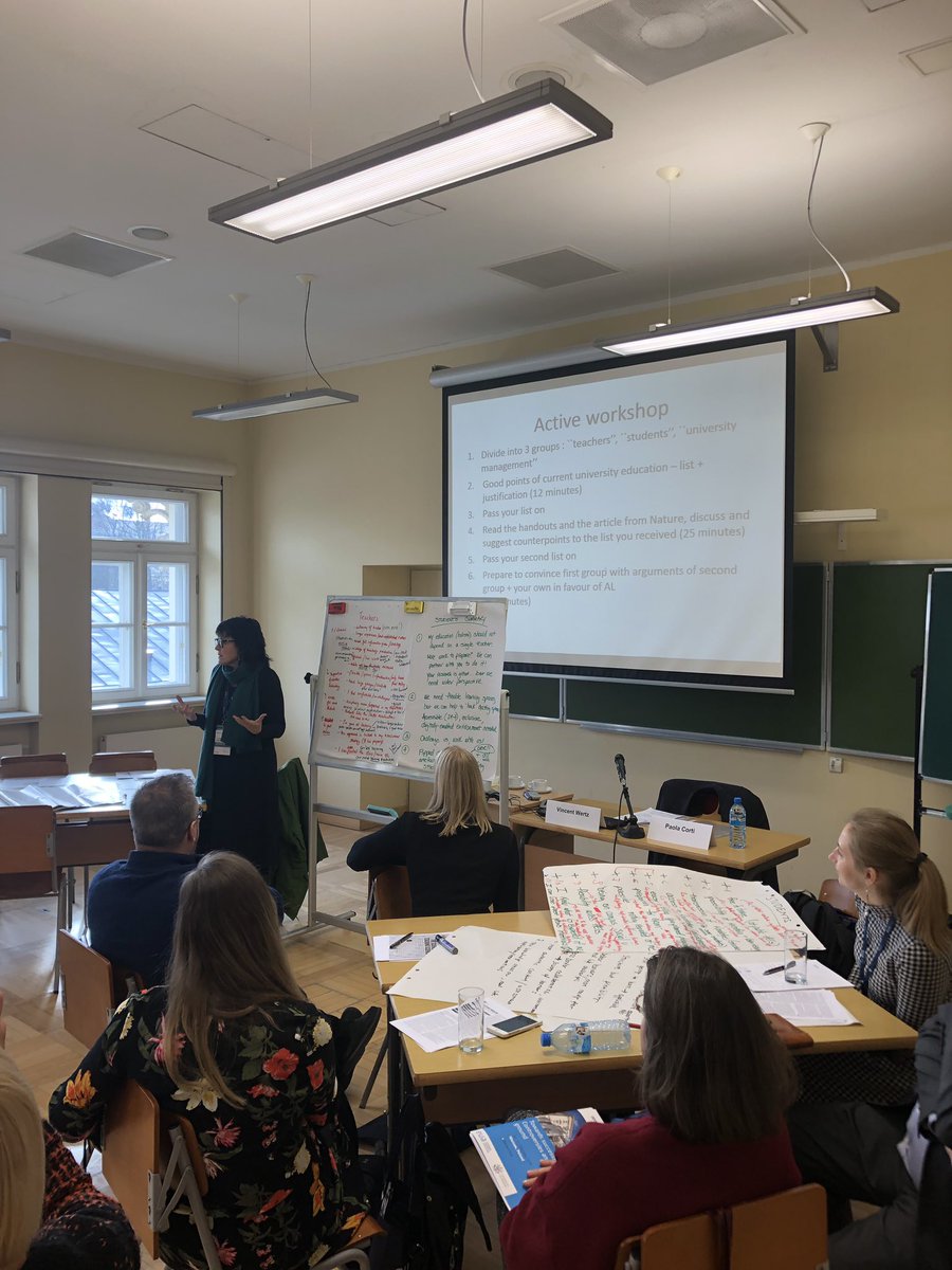 pugacewicz's tweet photo. Pros and cons of #activelearnig approach discussed by 3 simulated groups of stakeholders: students, teachers, management. Everyone agrees, now is time to implement it (tougher part...) #EUALearnTeach https://t.co/tmkSde15Xj