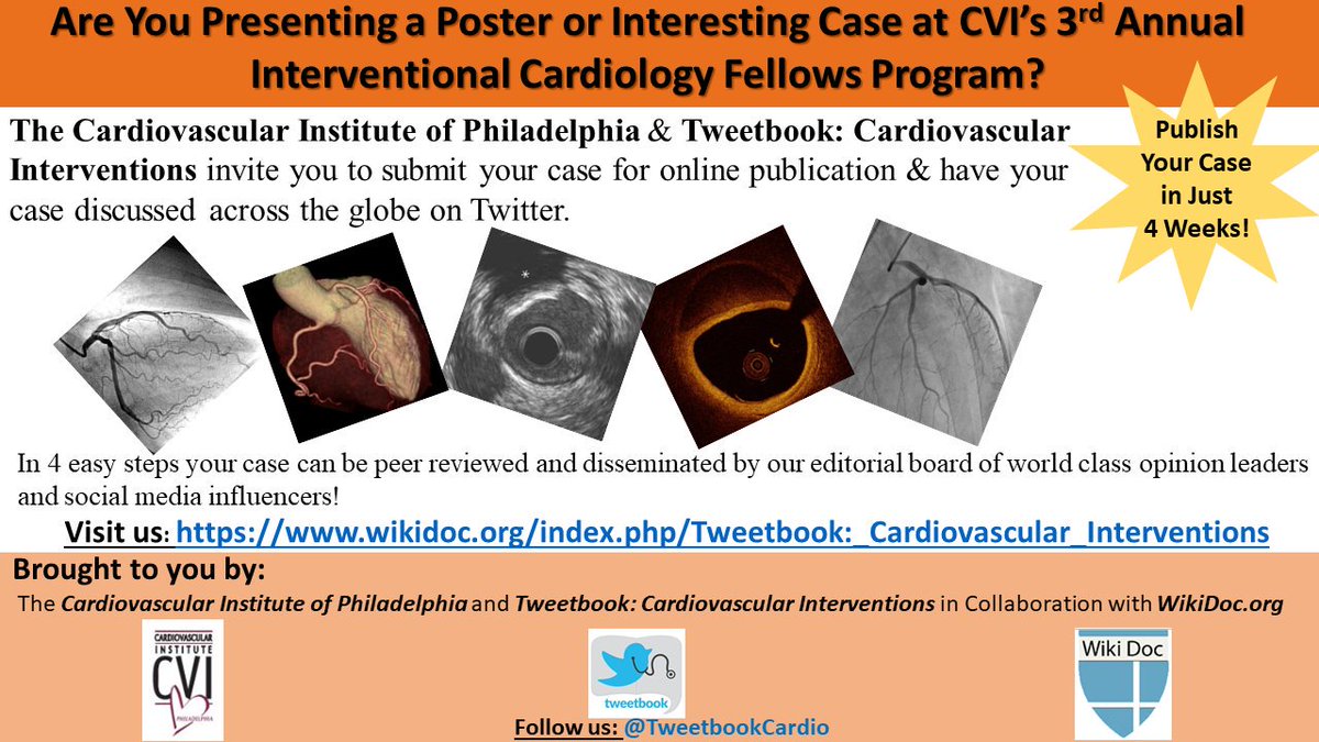 TweetbookCardio's tweet photo. Attending the CVI Philadelphia Fellows Course?

Tweetbook invites you to submit your cases for publication on https://t.co/T0wcrbhcwU.

Your case will be published &amp; discussed on Twitter by world class faculty across the globe!

@fischman_david @DocSavageTJU @CMichaelGibson https://t.co/FYy6dfC8B1