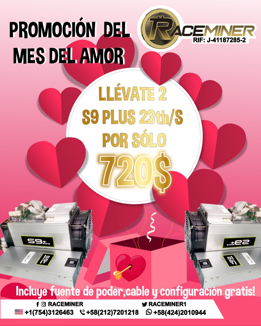 Raceminer1's tweet photo. 💰💕¿YA TIENES TU PAREJA #MINERADIGITAL DE #BITCOINS?💕💰🔊 ¡Aprovecha nuestra increíble PROMO! La mejor excusa para tener a tus dos S9+ (Plus) que suman 23TH/S 🔥 Además incluye FUENTE DE PODER🔋 CABLE🔌 Y  CONFIGURACIÓN TOTALMENTE GRATIS🔥👍💡 ¿INCREIBLE NO? ¡Activate YA! 😍 https://t.co/gsQmQMDWVd