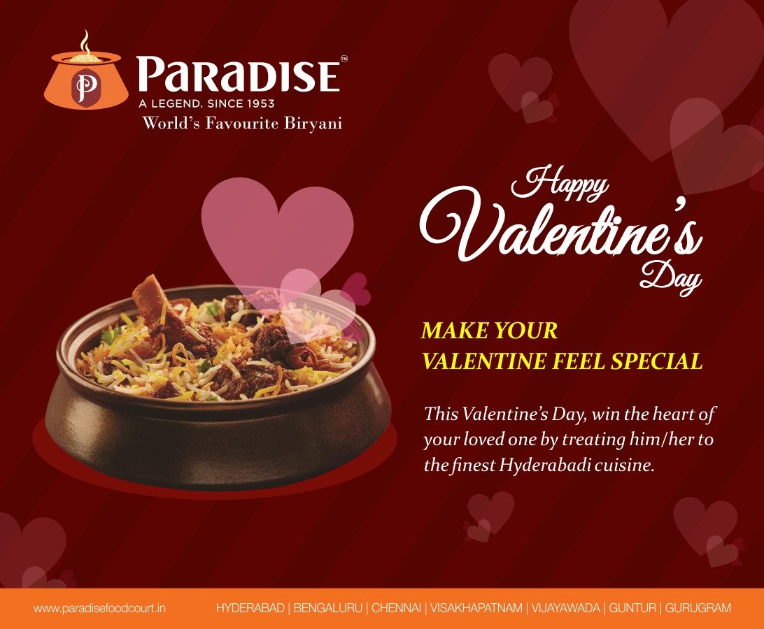 Make your valentine feel special. This Valentine’s Day, win the heart of your loved one by treating him/her to the finest Hyderabadi cuisine.
#WorldsFavouriteBiryani #Paradise #ParadiseBiryani