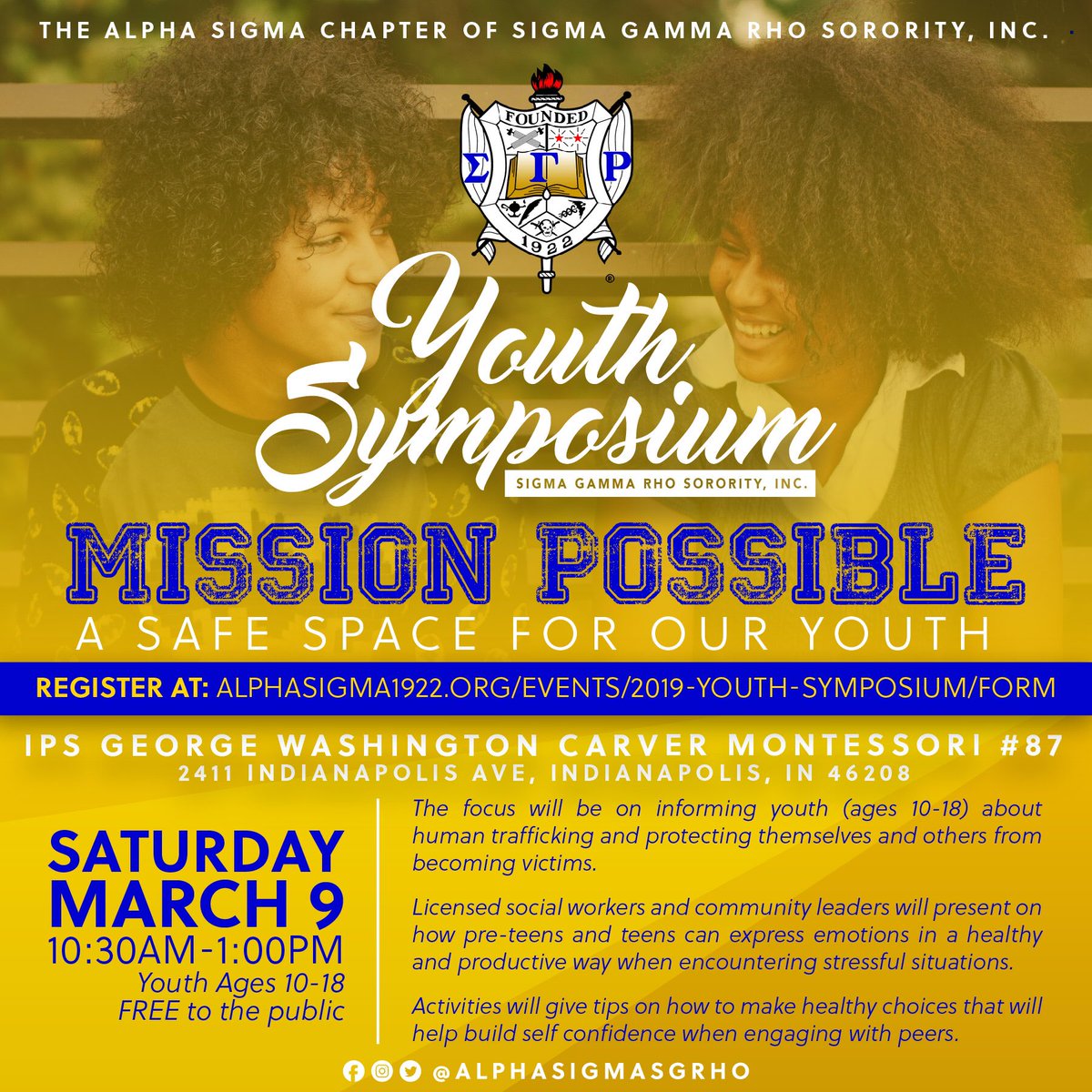 ligonslearners's tweet photo. Sigma Gamma Rho Sorority, Inc. presents her annual Youth Symposium; Mission Possible! This event is catered to students aged 10-18. Come learn about how to protect yourself and others from Human Trafficking. https://t.co/4KMI1jUx7l
