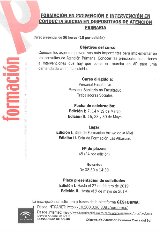 FormDSCostaSol's tweet image. Prevención y abordaje de la conducta suicida en Atención Primaria. Inscríbete ya a través del Gesforma, la primera edición comienza el 7 de marzo en Arroyo de la Miel.