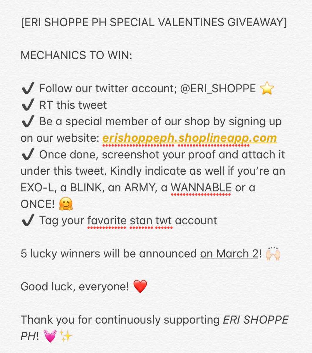 ERI_SHOPPE's tweet photo. [ESPH SPECIAL VALENTINES #ESPHGiveaway 💞]

Be the lucky EXO-L, BLINK, ARMY, WANNABLE and ONCE to win 1 of these cute 32GB lightstick flash drive! 💫

Just follow the mechanics below! 🤗

Announcement of the winners will be on the 2nd of March. 

Good luck, everyone! ❤️ https://t.co/jN8NxeTXqq
