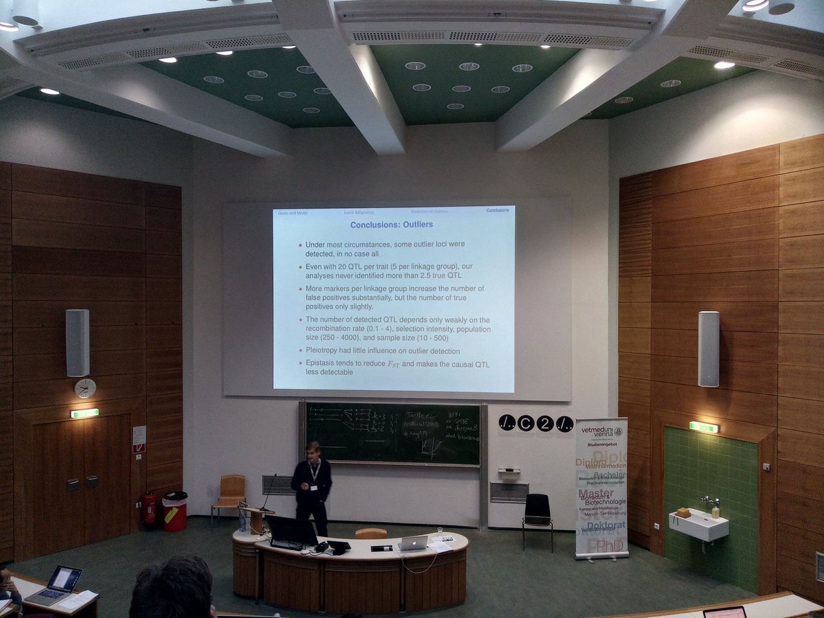 Eirini_Christod's tweet photo. Great talk by Reinhard Buerger on the effects of epistasis and pleiotropy on local adaptation and the detection of adaptive loci. #Adapt19 #officialSMBE https://t.co/tEsVvn0mMU