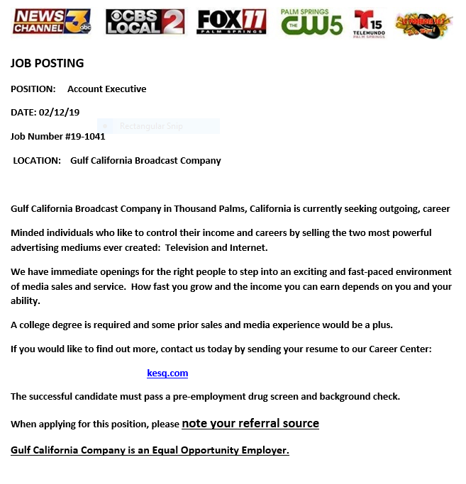 HireKSU's tweet photo. Gulf California Broadcast Company in Thousand Palms, California is currently seeking outgoing, career-minded individuals to become Account Executives.  More details and how to apply attached. https://t.co/xd3KOHUrDB