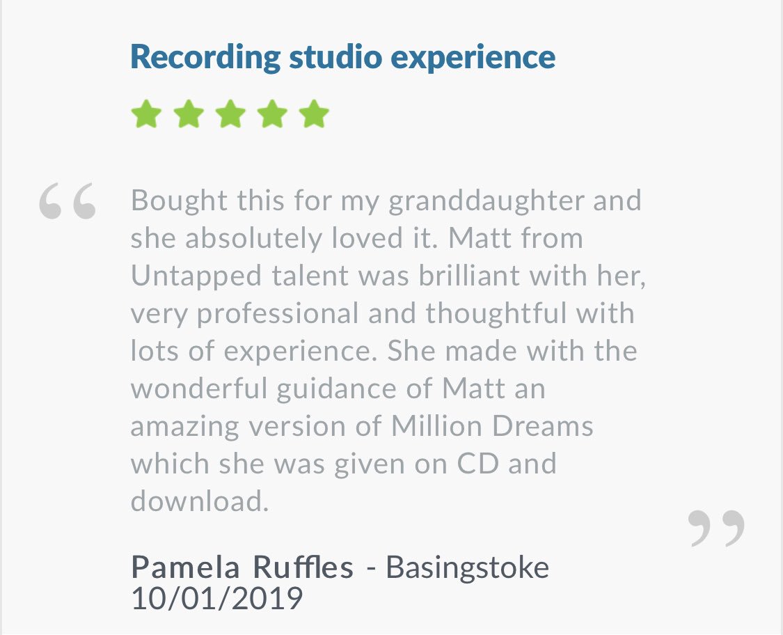 ODonnellTweet's tweet photo. A great review from another happy client who recently had their granddaughter visit our studio for one of our recording studio experiences.
#recordingstudio #recording #recordingexperience #southampton #southamptonmusic #5stars #review #experiencedays #musicstudio https://t.co/xHWYryFmJI