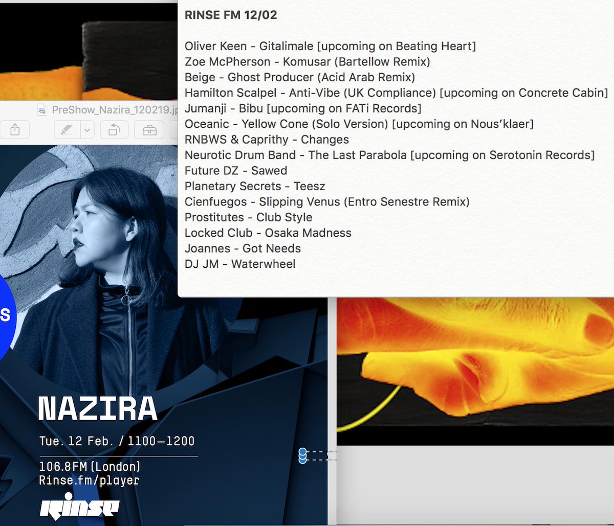 nazira_in_zvuk (@nazira_in_zvuk) on Twitter photo My first Rinse FM show is now available on their soundcloud. Sharing tracklist for it as a small Valentine's Day gift 💖
Playing @zoemcphersonn <a href="/AcidArab/">Acid Arab</a> <a href="/neuroticdrumbnd/">Neurotic Drum Band</a> <a href="/CienfuegosNYC/">Cienfuegos NYC</a> @EntroSenestre @SoHaSomusic and others.
soundcloud.com/rinsefm/nazira… My first Rinse FM show is now available on their soundcloud. Sharing tracklist for it as a small Valentine's Day gift 💖
Playing @zoemcphersonn <a href="/AcidArab/">Acid Arab</a> <a href="/neuroticdrumbnd/">Neurotic Drum Band</a> <a href="/CienfuegosNYC/">Cienfuegos NYC</a> @EntroSenestre @SoHaSomusic and others.
soundcloud.com/rinsefm/nazira…