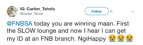 FNBSA's tweet photo. Hi @Cartier_Tsholo, we stay winning because of customers like you! We want to make you even more happy this Valentine's Day with a special surprise from your #FNBae. Send us a DM so we can share it with you ;) #aBankThatDoesMore https://t.co/bRAf7RYl2z