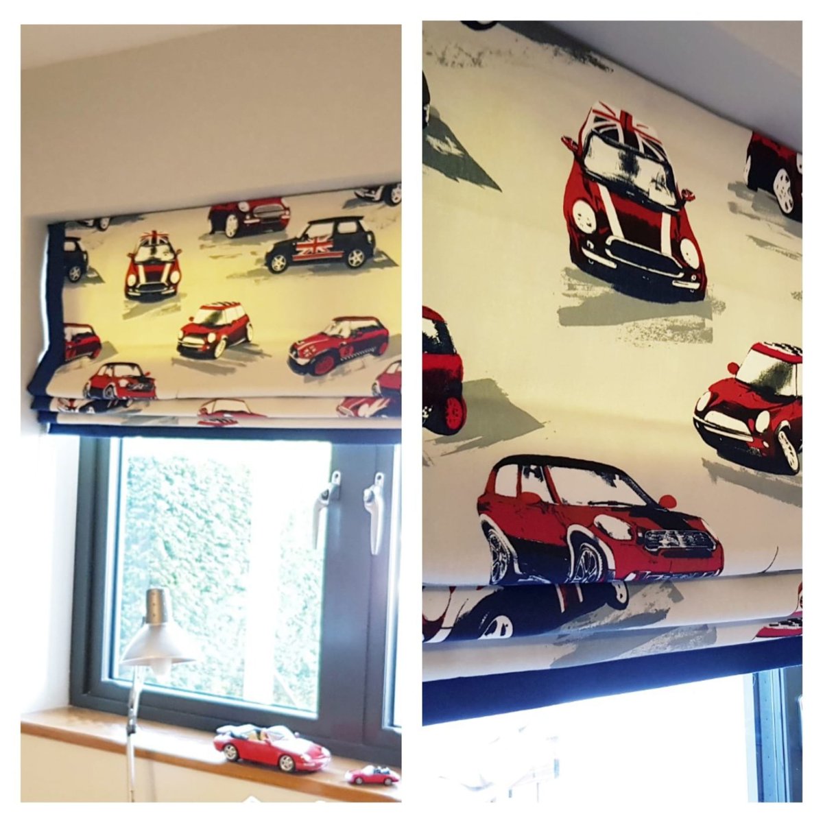 Mini Roman blind with deep blue edge on child safe blind track.