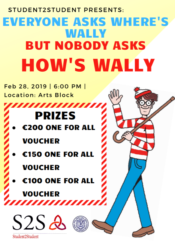 Student2Student (@tcds2s) on Twitter photo Ask Hows Wally not wheres wally.
To coincide with our speak your mind event Hows Wally will take place on campus February 28th in the arts block. . Wally himself will be present so be sure to have a chat with him. Great prizes up for grabs. <a href="/TCDTrust/">Trinity Association & Trust</a>
See you there!! Ask Hows Wally not wheres wally.
To coincide with our speak your mind event Hows Wally will take place on campus February 28th in the arts block. . Wally himself will be present so be sure to have a chat with him. Great prizes up for grabs. <a href="/TCDTrust/">Trinity Association & Trust</a>
See you there!!