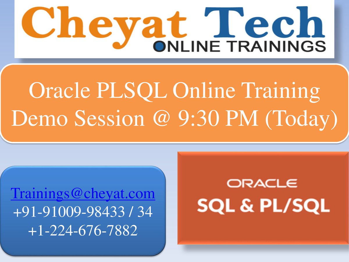 Cheyat_Tech's tweet image. Oracle PLSQL Online Training Demo Session @ 9:30 PM IST 

Course Content : cheyat.com/oracle/pl-sql-…

For more info contact us : Trainings@cheyat.com
India : +91-9100998433 / 34 (Whatzapp)
USA  : +1-224-676-9882 

#OraclePLSQLOnlineTraining #CheyatTechnologies